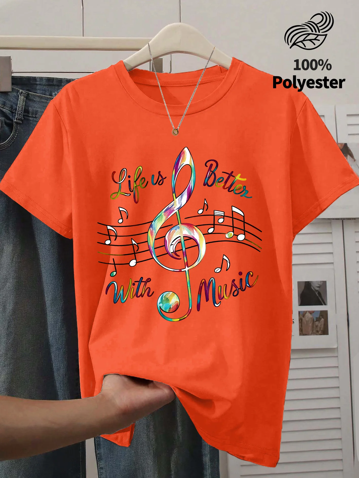Summer New Women's Round Neck Color High Tone Score Music Printed T-shirt Retro Soft Daily Commuter | Playful Age Reducing Top