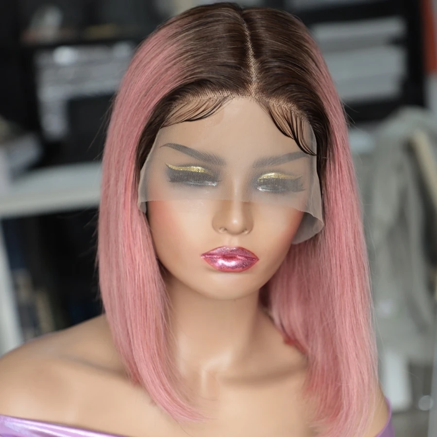 Ombre rosa pizzo anteriore parrucche dei capelli umani per le donne radice scura 13 x6x1 Tpart parrucca del merletto rosa Bob parrucche Cosplay