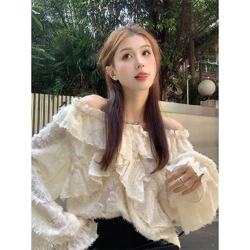 

Рубашка на одно плечо с рюшами, женский нишевый свободный топ с длинными рукавами