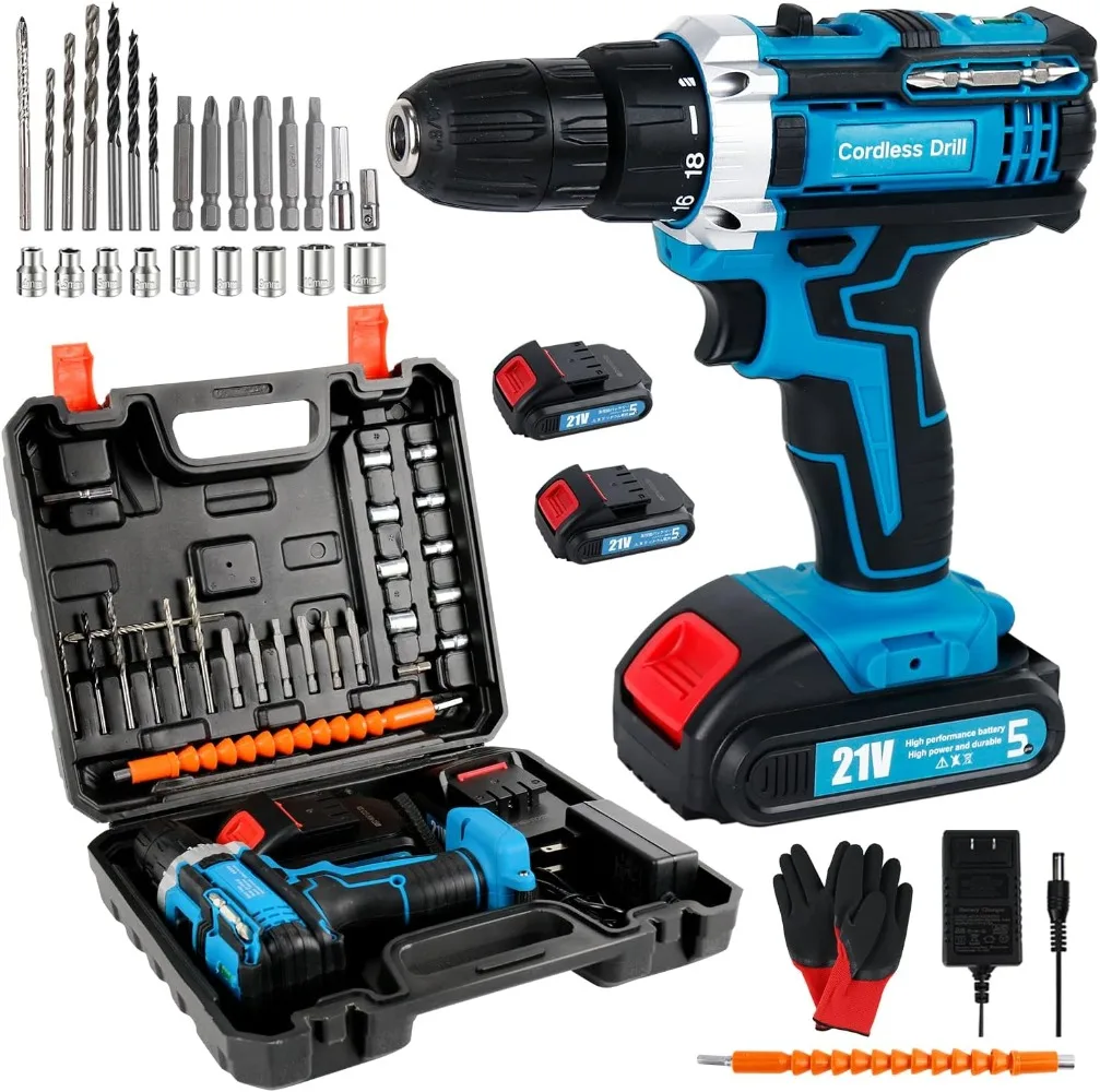 

Power Drill Cordless, 3/8 Electric Drill with 2 Batteries, 21V Drill Set for Specialized Field and Homework, with LED Light