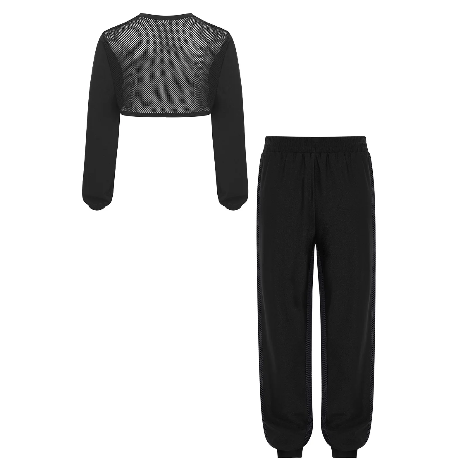 

Детский костюм для хип-хопа и стрит-дэнса: укороченный топ с длинными рукавами, асимметричным подолом, сетчатыми вставками и брюки. Повседневный комплект для девочек.