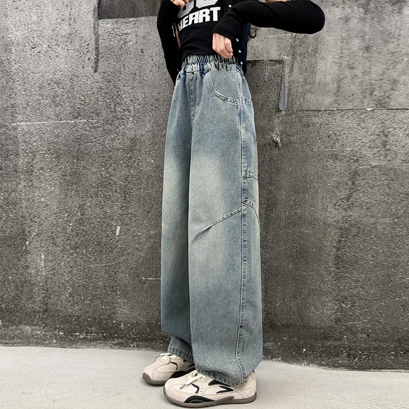 새로운 패션 아동용 곡선형 청바지, 10대 소녀들을 위한 하이 패션 스트리트 카펜터 데님 팬츠, 키즈 스타일리쉬 청바지 바지 4-14세