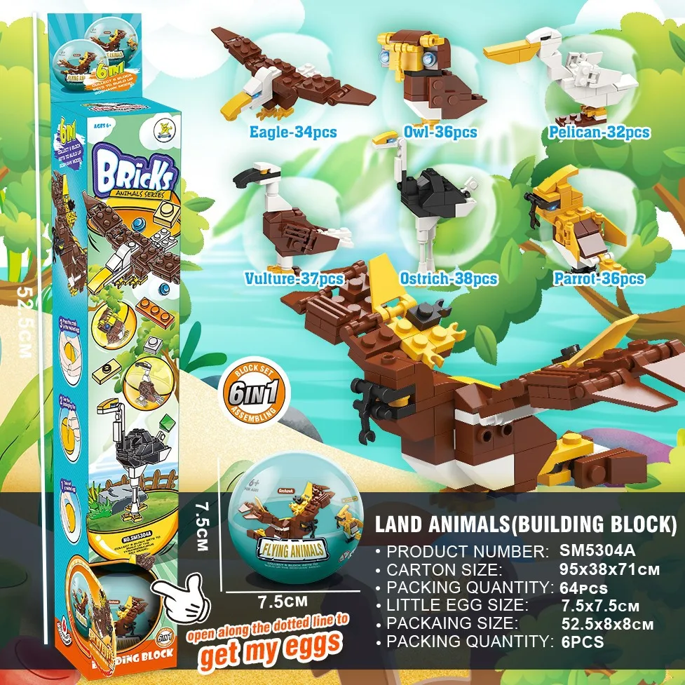 6-in-1 Avian Series Building Blocks - Educational DIY Puzzle Set, Perfect for Kids' Creative Play