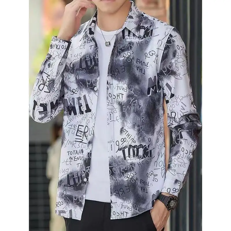 Loose Fit Long Sleeve Digital Print Shirt Men's Summer Thin Polyester Fiber Fashionable Korean Style Anti-Wrinkle Citywalk