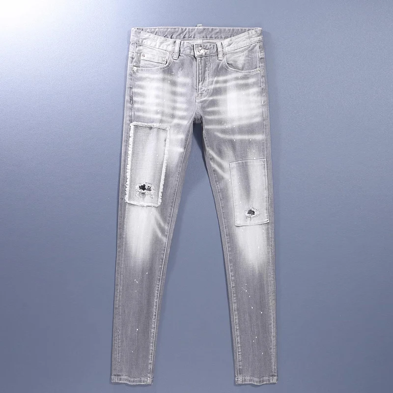 Jeans apertados slim fit coloridos com elástico masculino, jeans neutro, branco e cinza, moda de rua, marca designer