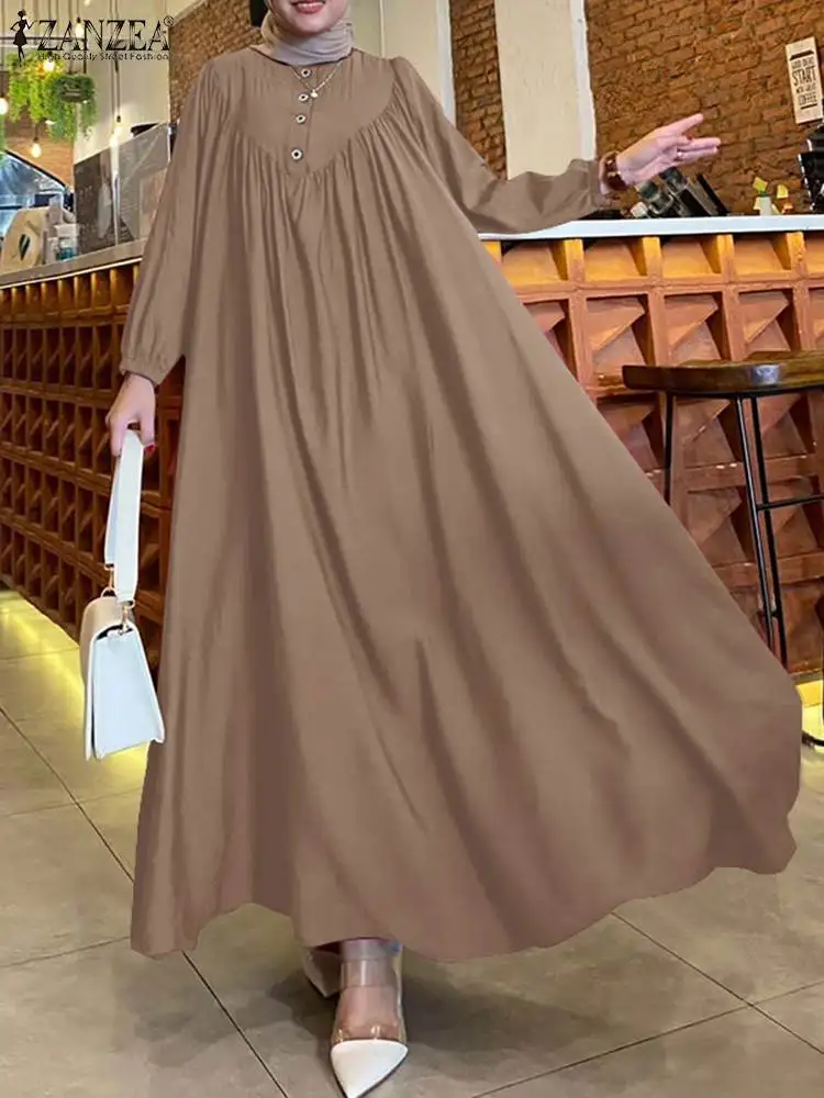 ZANZEA Fashion Autumn Long Sleeve Muslim Dress Abaya Women Oversize Sundress Islamic Dubai Hijab Dress Maxi Vestidos Robe Femme