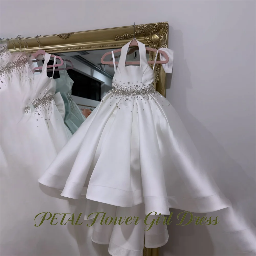 

Petal Ivory Halter Princess Girls Dress Rhinestone Waist First Communion Gown Sleeveless Children Birthday Wedding Dresses