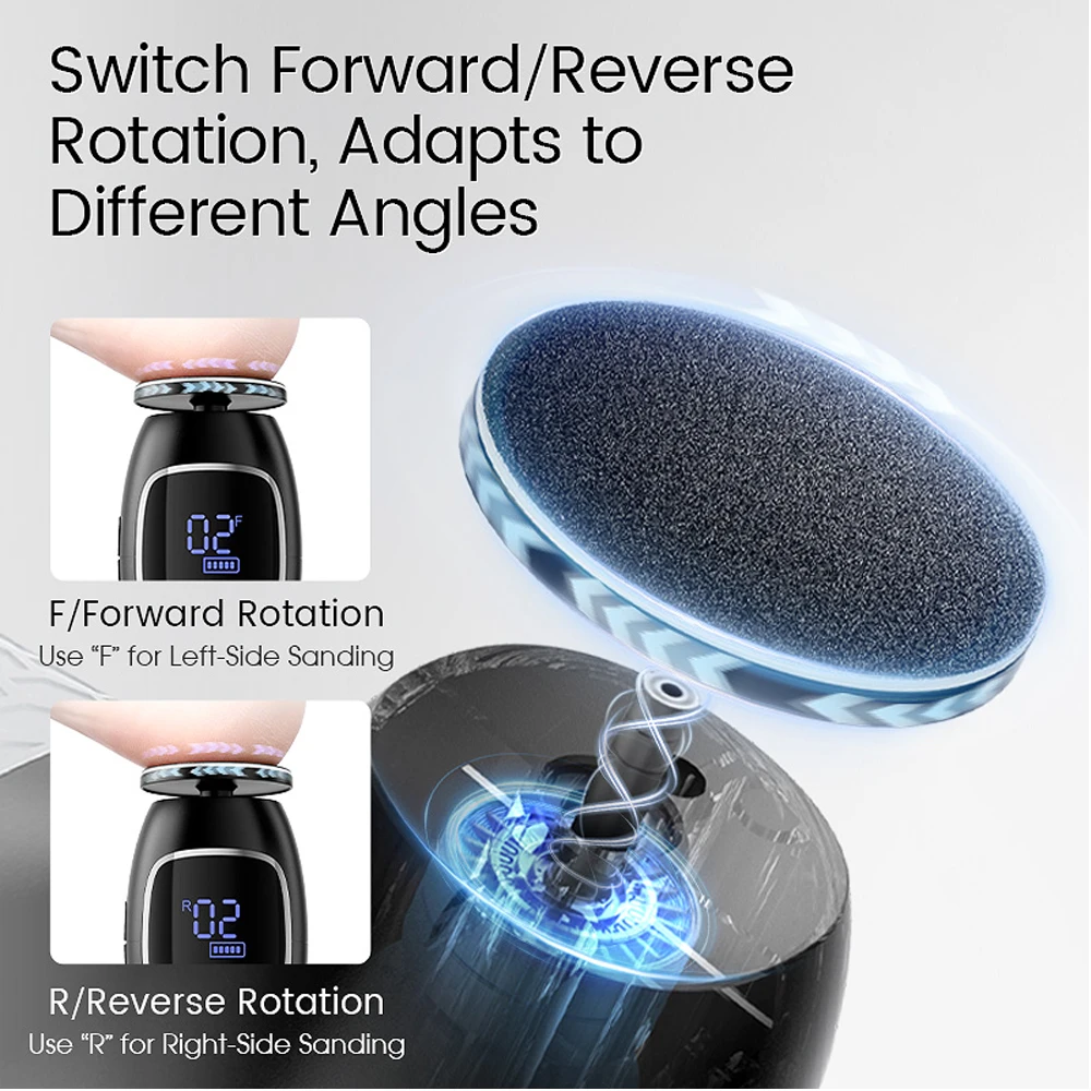 مزيل مسامير القدم الكهربائية سرعة قابلة للتعديل 115 °   آلة العناية بالقدم ذات عزم دوران عالي 8N.cm بتصميم بزاوية مع ورق صنفرة قابل للاستبدال