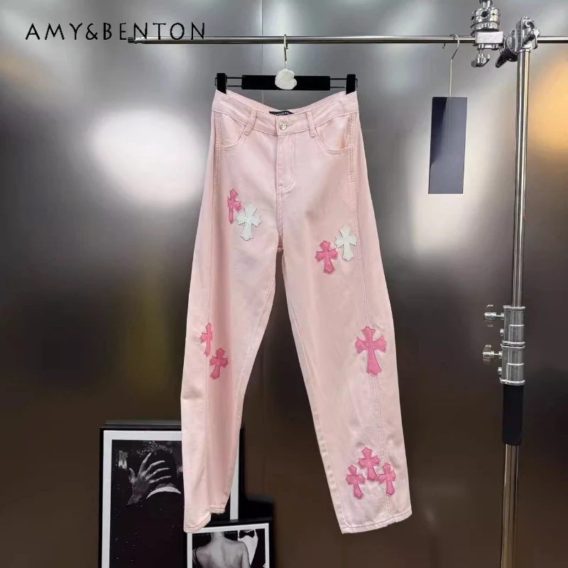 

American Retro Sticker Leather Design Printed Women's Pants Spring Summer 2025 New Clear Multi-color Loose Straight Jeans Ladies