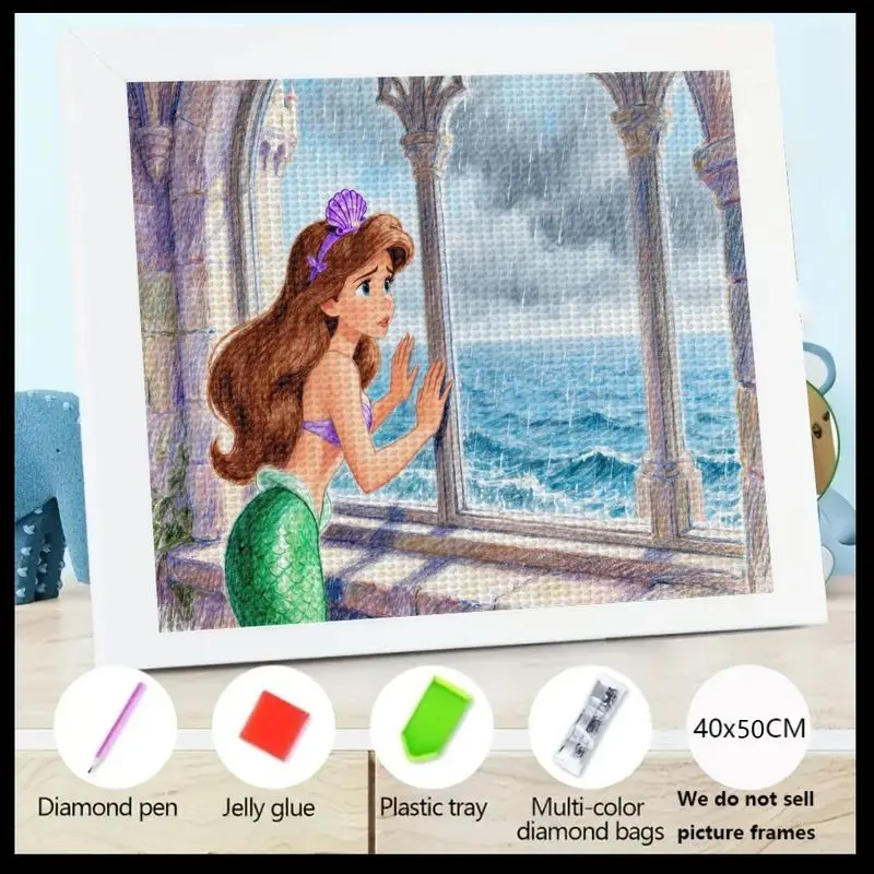 

1PC 5D Full Drill DIY Diamond Painting Kit, Cute Cartoon Fantasy Mermaid Princess Looking Out Window at Ocean, Crystal Rhineston