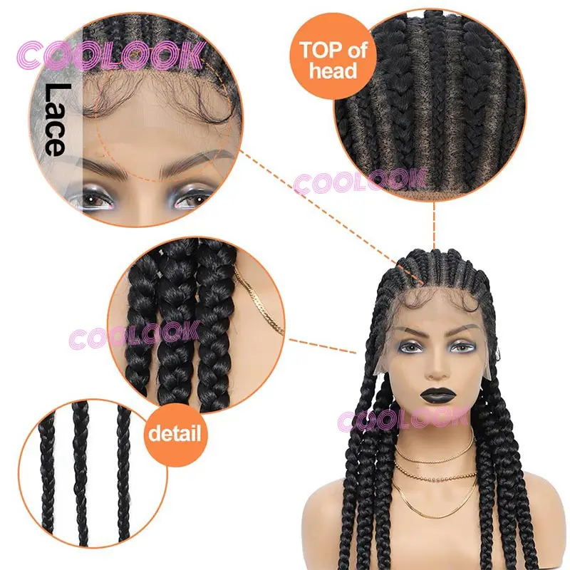 36 "synthetische volle Spitze Front Perücke Cornrows geflochtene Perücken für schwarze Frauen knoten lose Box Zöpfe Perücke Spitze Frontal Faux Locs Zopf Perücke