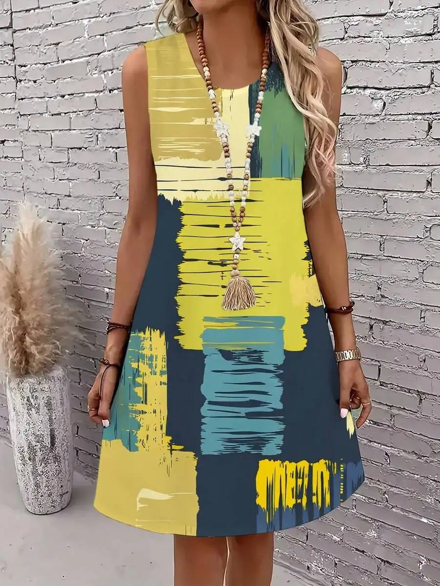 

Abstract Brushstroke Print Sleeveless Round Neck Dress For Women Casual Summer Beach Dress