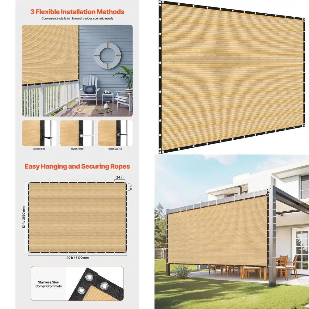 90% 차단 베이지색 퍼골라 차양막, 12x20피트, 160 GSM HDPE, 스테인리스 그로밋으로 야외 프라이버시 보장
