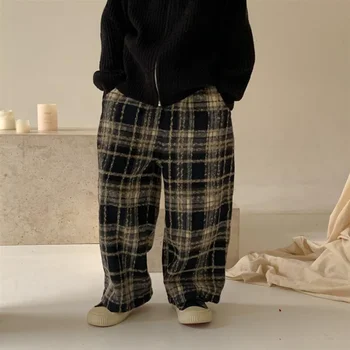 Kids' Plaid Wide-Leg Wool Pants Boys & Girls Winter Clothes Warm Autumn Winter Bottoms 5