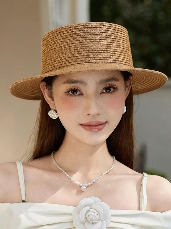 ヘベスタイル-フラットトップ-ストローハット-夏休み-ビーチサイド-レディース-大きなつばの帽子-快適で通気性のある調節可能なサンハット