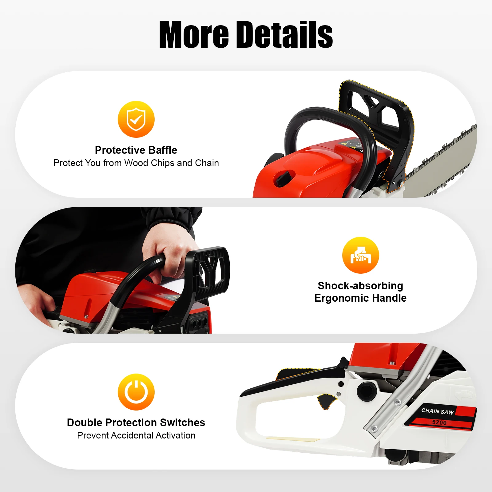 Gasaangedreven kettingzaag 52CC Rood Wit 7500rpm 22inch Ketting 56cm Snijdiameter 25:1 Oliemix Propyleen