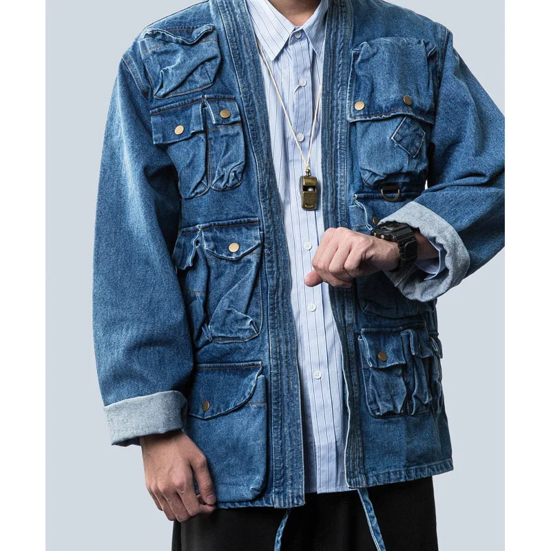 

2022ss Simple Style Tooling Wind Coat Denim Taoist Robe Warm Men's Jackets Pocket Streetwear Techwear Windbreaker Clothing