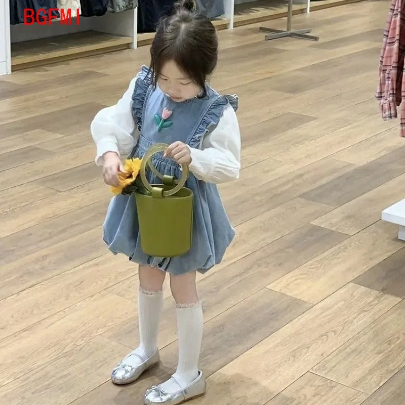 Korean Kid Girls Spring Summer Sweet Denim Tank Top Skirt 2024 New New Girl Baby Beige Shirt+ Denim Blossom Skirt 2pcs Outfits