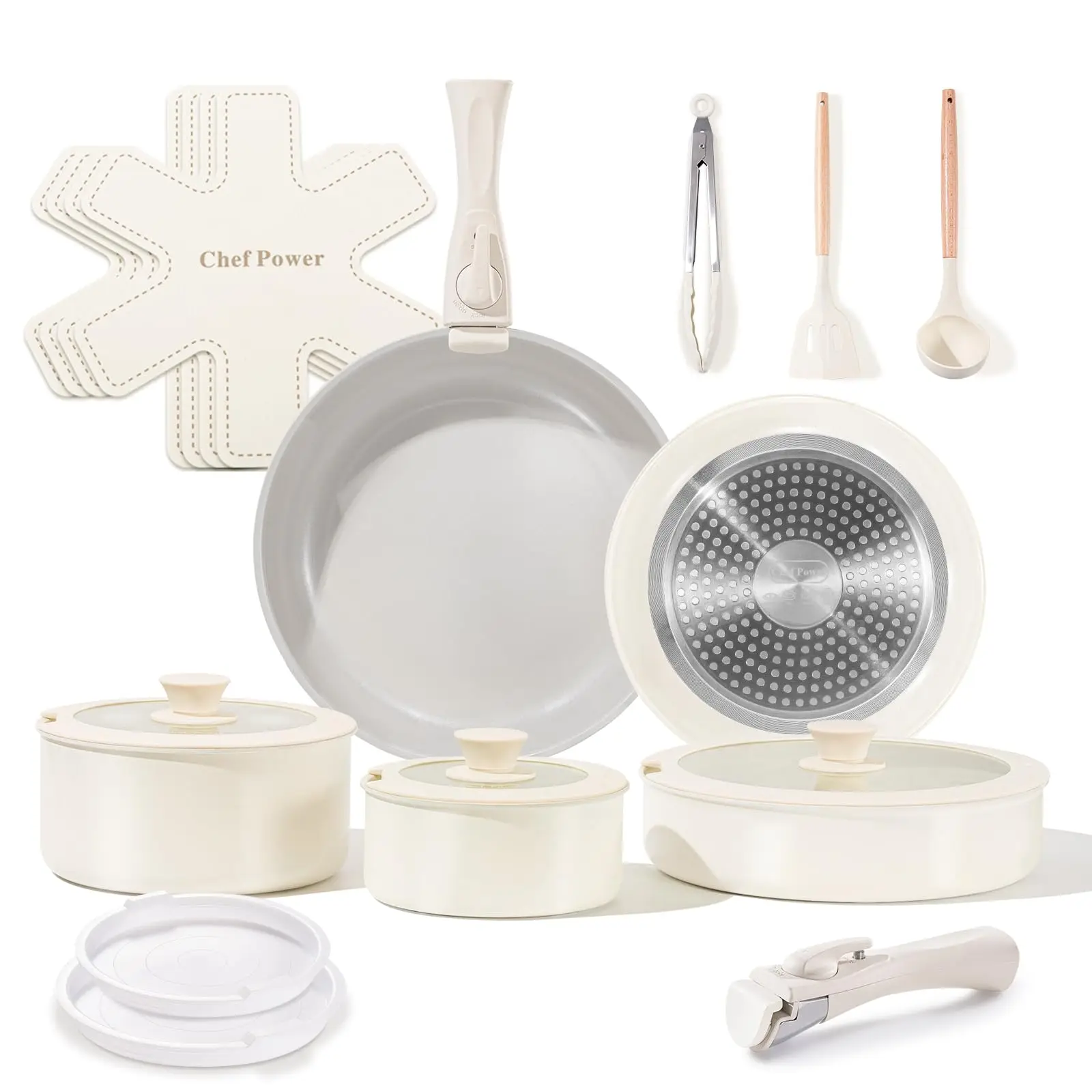 

Ceramic Nonstick Pots and Pans Set 19 Piece with Detachable Handle, Induction Dishwasher Oven Safe Cookware Set