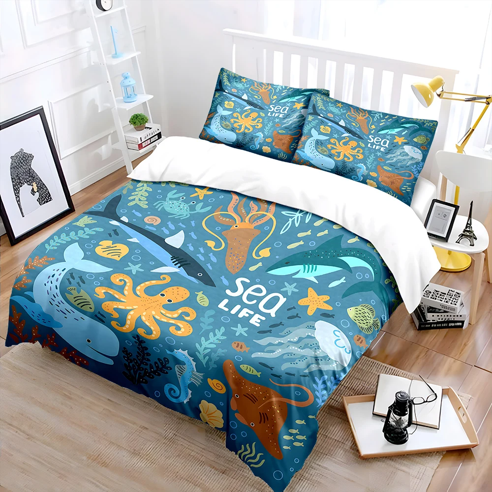 Cartoon Sea Life Illustration Print Soft Comfortable Duvet Cover Bedding Set Included 1*Duvet Cover  2*Pillowcases Luxury gifts