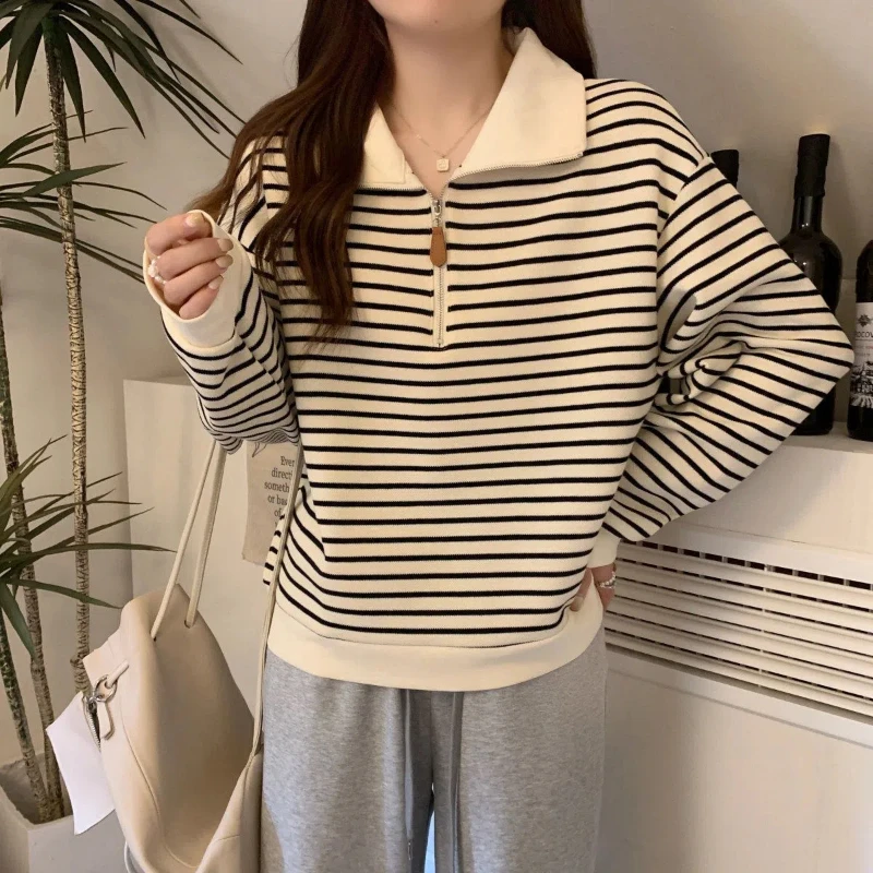 Large Size Chubby Mm American Striped Polo Collar Shoulder Sweatshirt Women Autumn New Style Loose Half Zipper Long Sleeved Top