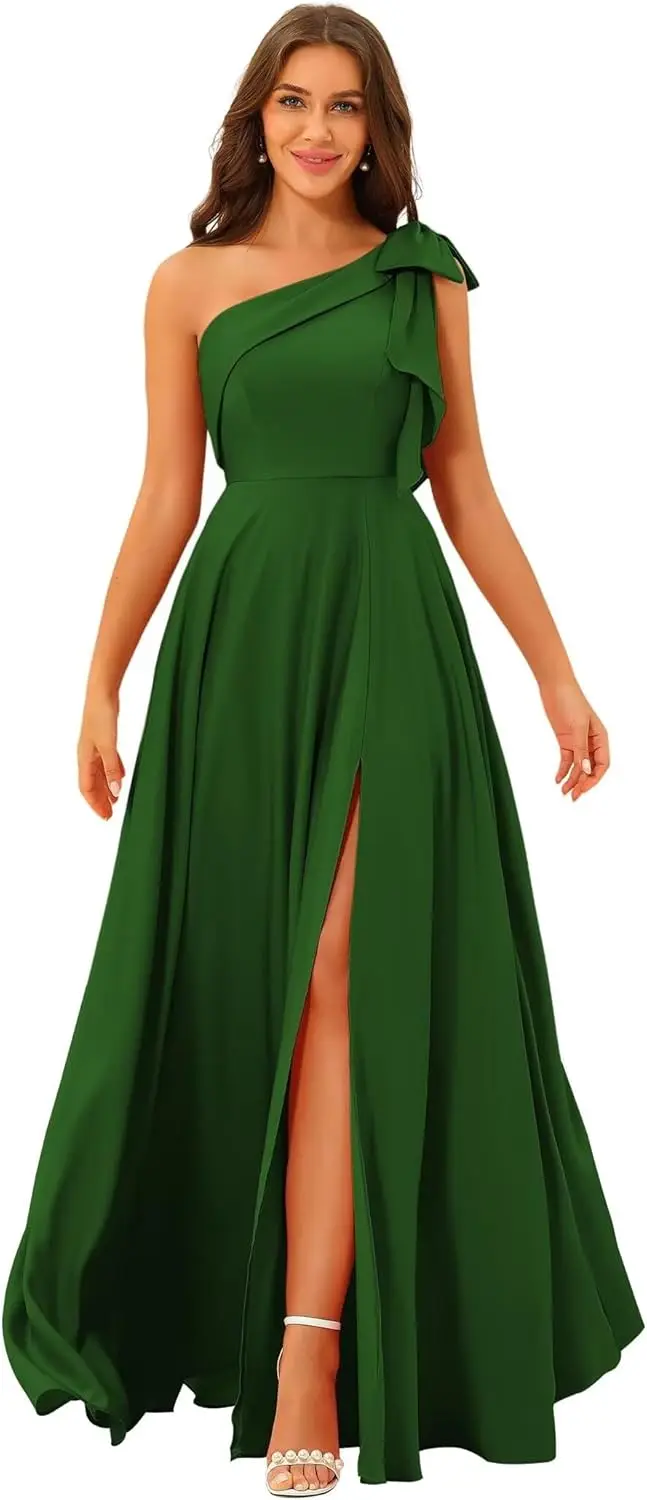 ชุดเพื่อนเจ้าสาวผ้าซาตินแบบไหล่เดียวผูกโบว์ ชุดราตรีงานแต่งงานยาว ชุดราตรีออกงาน ชุดเดรสยาวผ่าข้าง ดีไซน์หรูหราสำหรับผู้หญิง