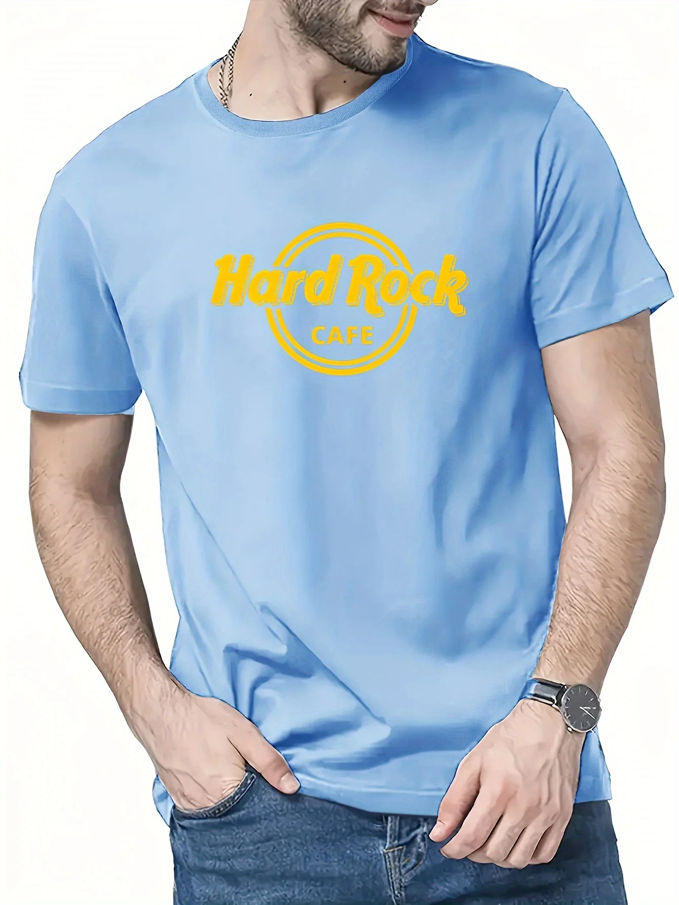 

Men's summer 100% pure cotton fashionable casual loose sports Hard Rock pattern printed round neck short sleeved T-shirt top