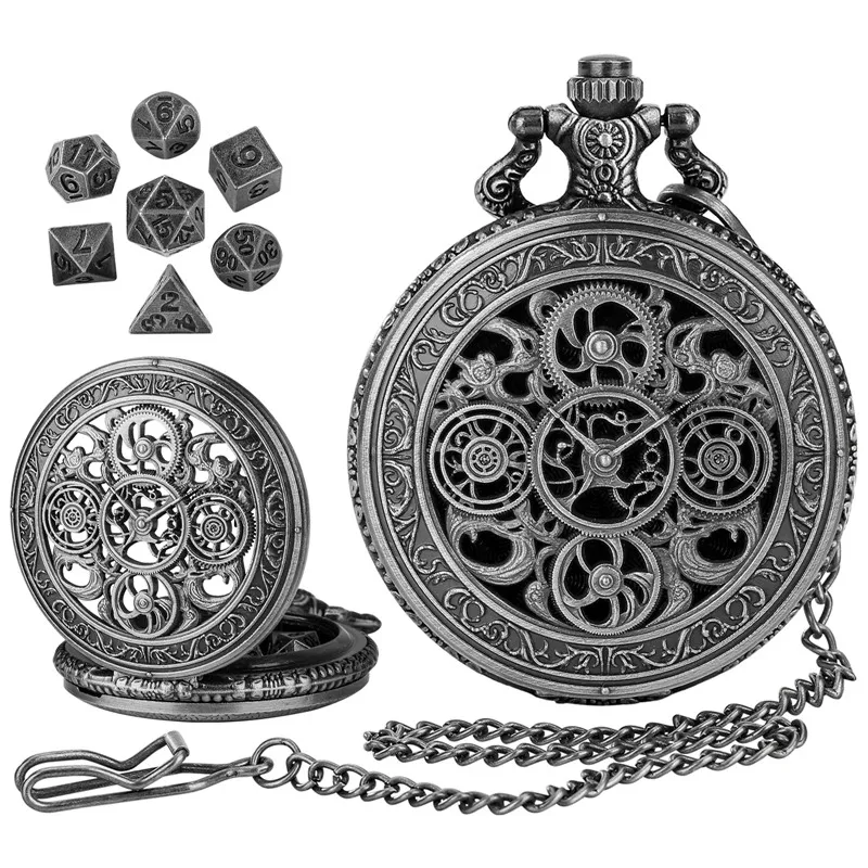 Bronze Hollow Gear Pocket Watch Case FOB Chain 7pcs Metal Polyhedral Dice Set Entertainment Accessory for Role Play Gaming