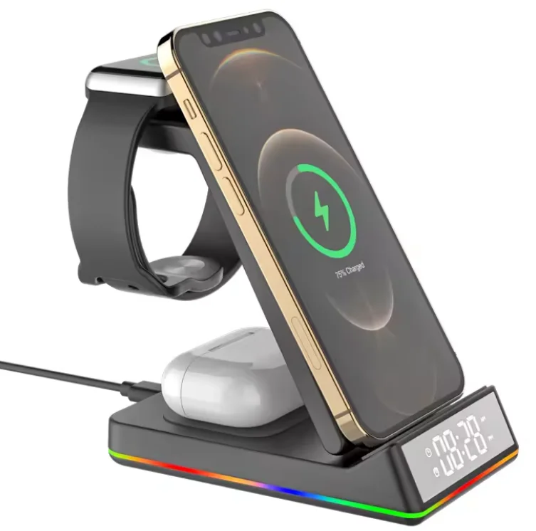

5 in 1 charging station Magnetic foldable Wireless Charger With Electronic Clock for Phones Smart Watches earphones