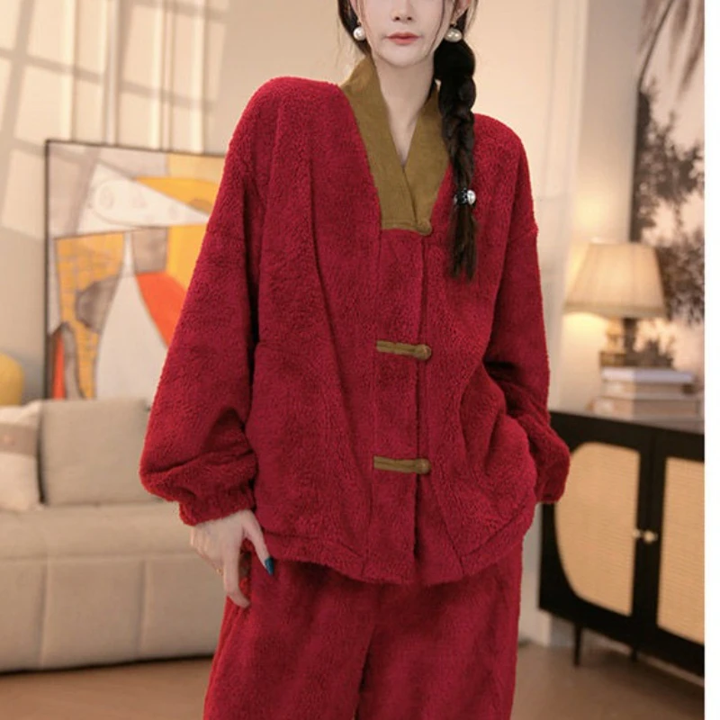 

New Chinese-style Thickened Pajamas Women's Winter Casual New Year's Birth Year Red Warm Loungewear Comfortable Fashionable Suit