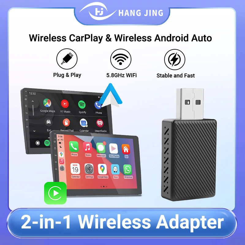 HANG JING Adaptador CarPlay inalámbrico 2 en 1 Dongle inteligente inalámbrico Android Auto para Volvo Benz Audi Kia VW Mazda MG Peugeot Toyota