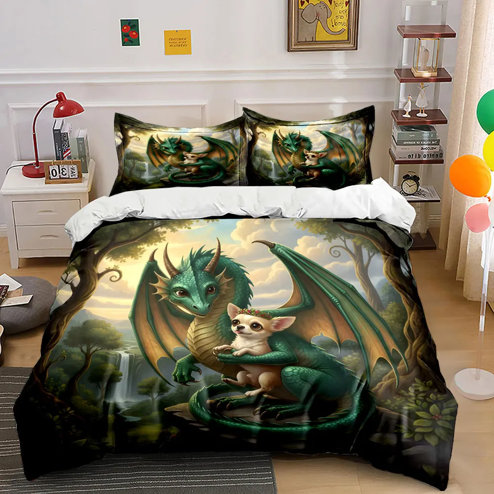 Dragon and crowned dog in forest Pattern Duvet Cover Set Digital Print Colorful Polyester Bedding with Zipper Closur for gifts