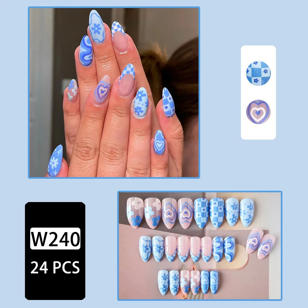 24 Pcs/box Blue Irregular Almond shaped Blue Nails Summer Nails Checkerboard Love Flowers Reusable False Nail Stickers