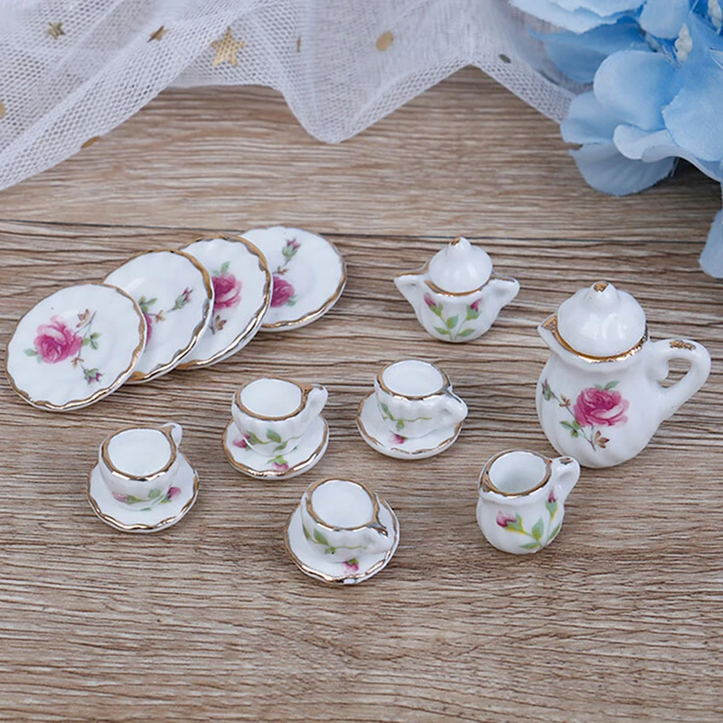 15 Pçs/set 1:12 Casa de Bonecas Miniatura Talheres Porcelana Cerâmica Conjunto de Xícaras de Chá Brinquedos