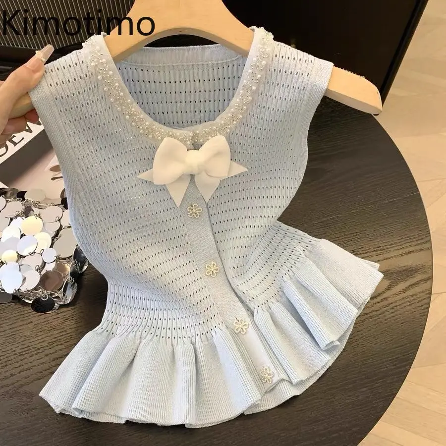 

Kimotimo Sweet Beading Bow Sleeveless Knitted Cardigan Women Summer Hollow Out Slim Fit Waist Tops Fashion Ruffle Y2k Sweater