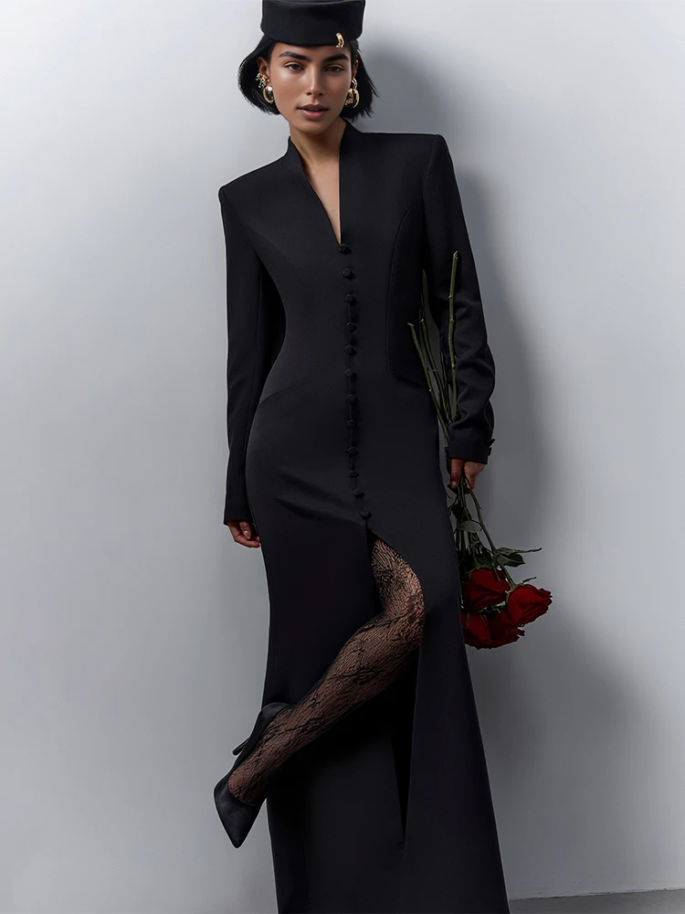 Nibber Büro Stil Maxi Kleid Frau Sexy High Splits Herbst Trend V-ausschnitt Zip Volle Hülse Street Fashion Dünne Elegante Vestidos