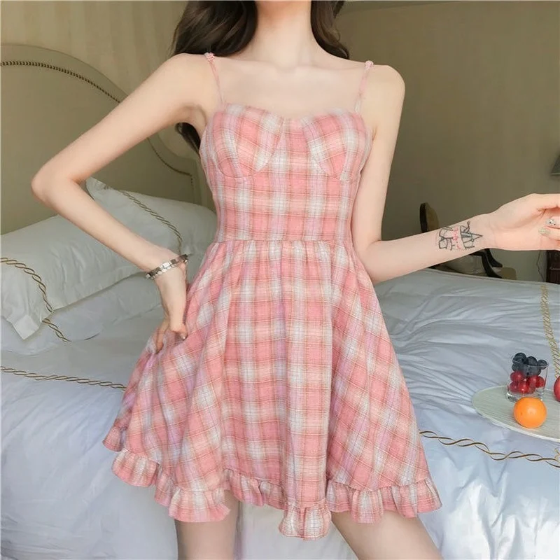white christmas dresses Feminine Pink Plaid Babydoll Dress