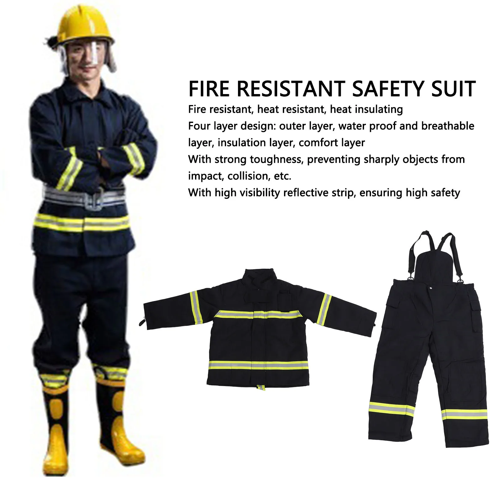 

Fire Resistant Safety Suit 4 Layer Heat Insulation Jacket and Pants with High Visibility Reflective Strip Reflective Safety Suit