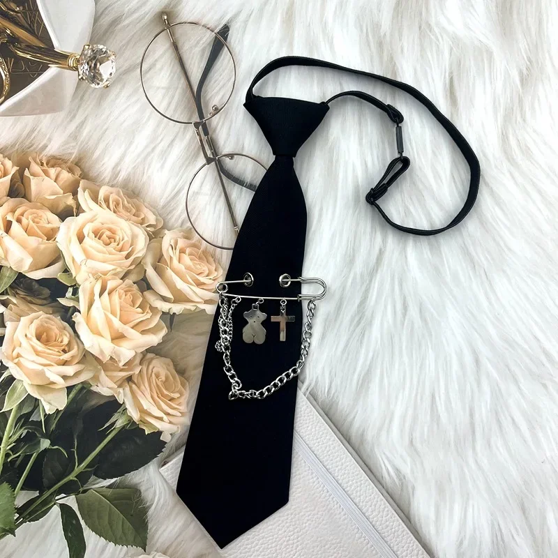 JK Uniform Tie Men Women Chain Decoration Black Tie Simple Zipper Ties Students Stage Performance Neck Tie Costume Accessories