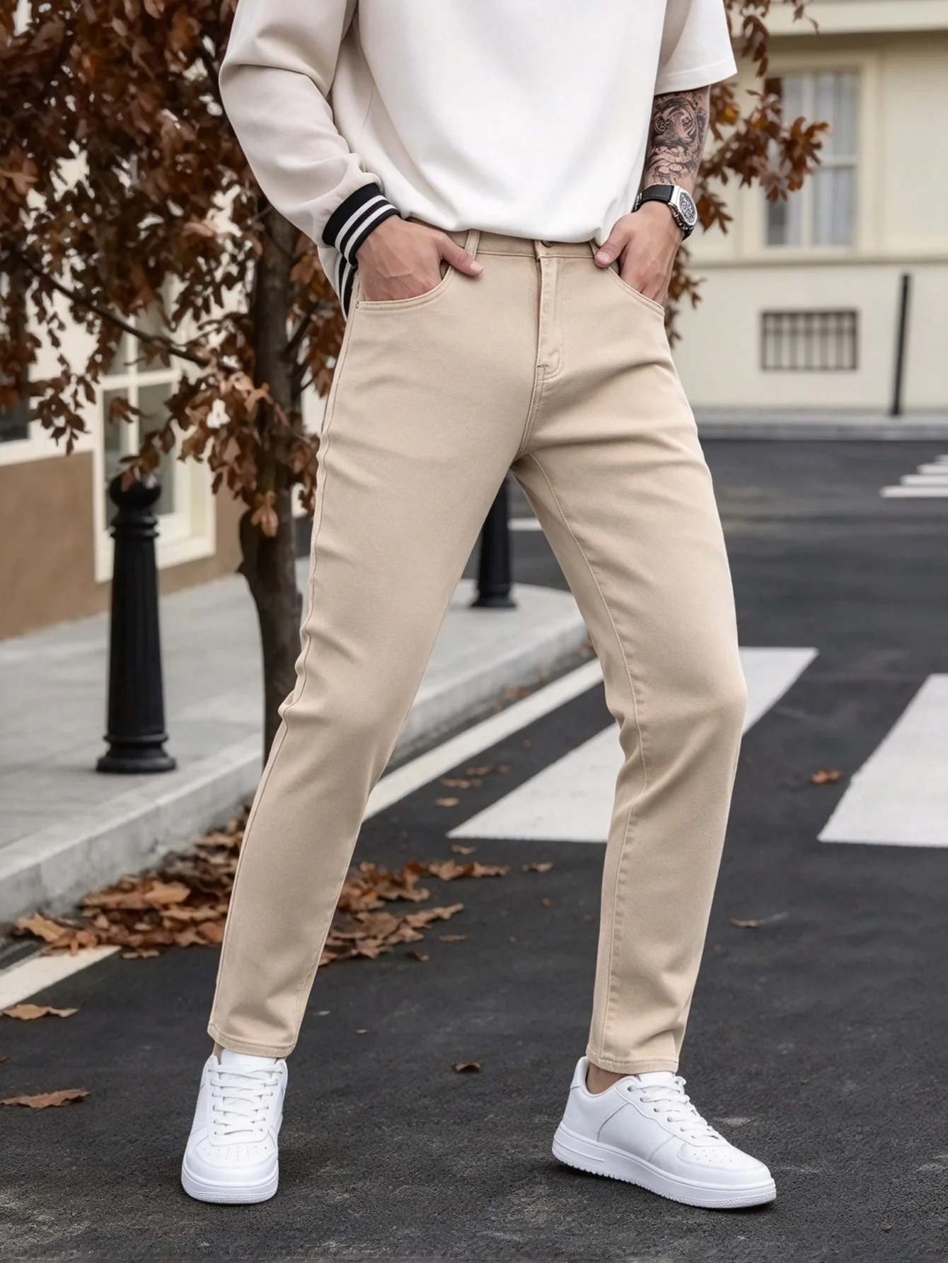 Men's Fashion Khaki Slim Denim Long Pants Y2K Nostalgic Trendy Design Nice Present for Lover