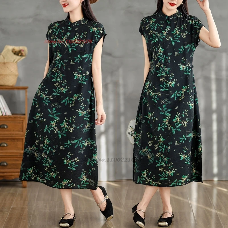 

2024 chinese vintage dress improved cheongsam national flower print traditional folk dress oriental elegant a-line dress qipao