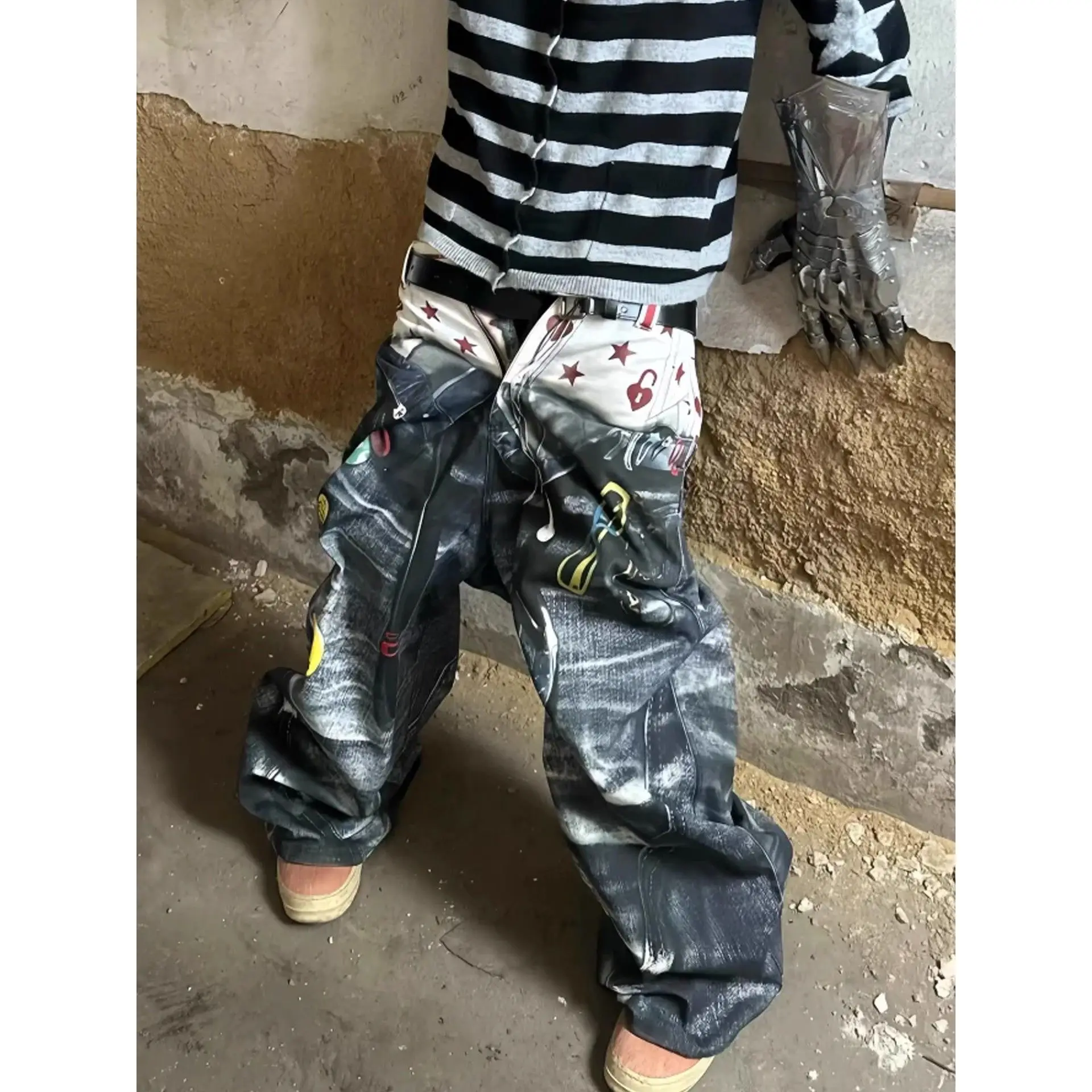 Men's Fashionable Printed Patterns Pants Hip-hop Boys Summer Bottom Wide Legs Sweatpants Male High Waist Unisex Baggy Trousers