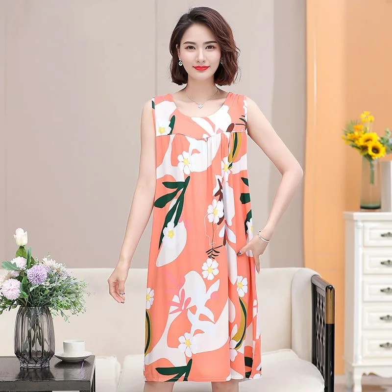 

New Summer Nightgowns Flower Printing Nightie Middle Aged Mother Sleeveless Sleepwear Women Nightdress Round Collar Loose Dress