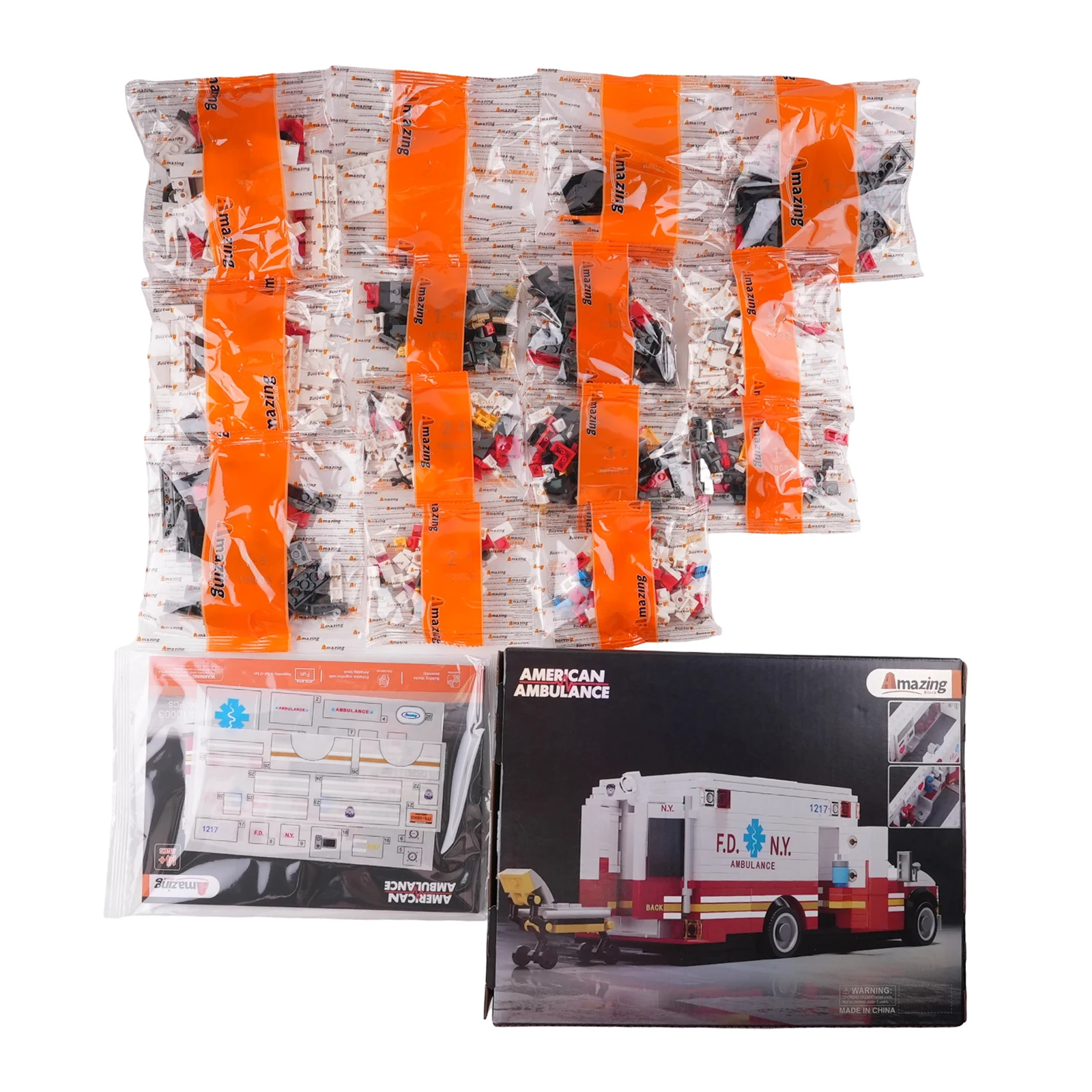 MOC Americano/Europieno Ambulanza Building Blocks Modello di veicolo simulato Ornamenti creativi Scena ospedaliera fai da te Ragazzi Giocattoli Regali