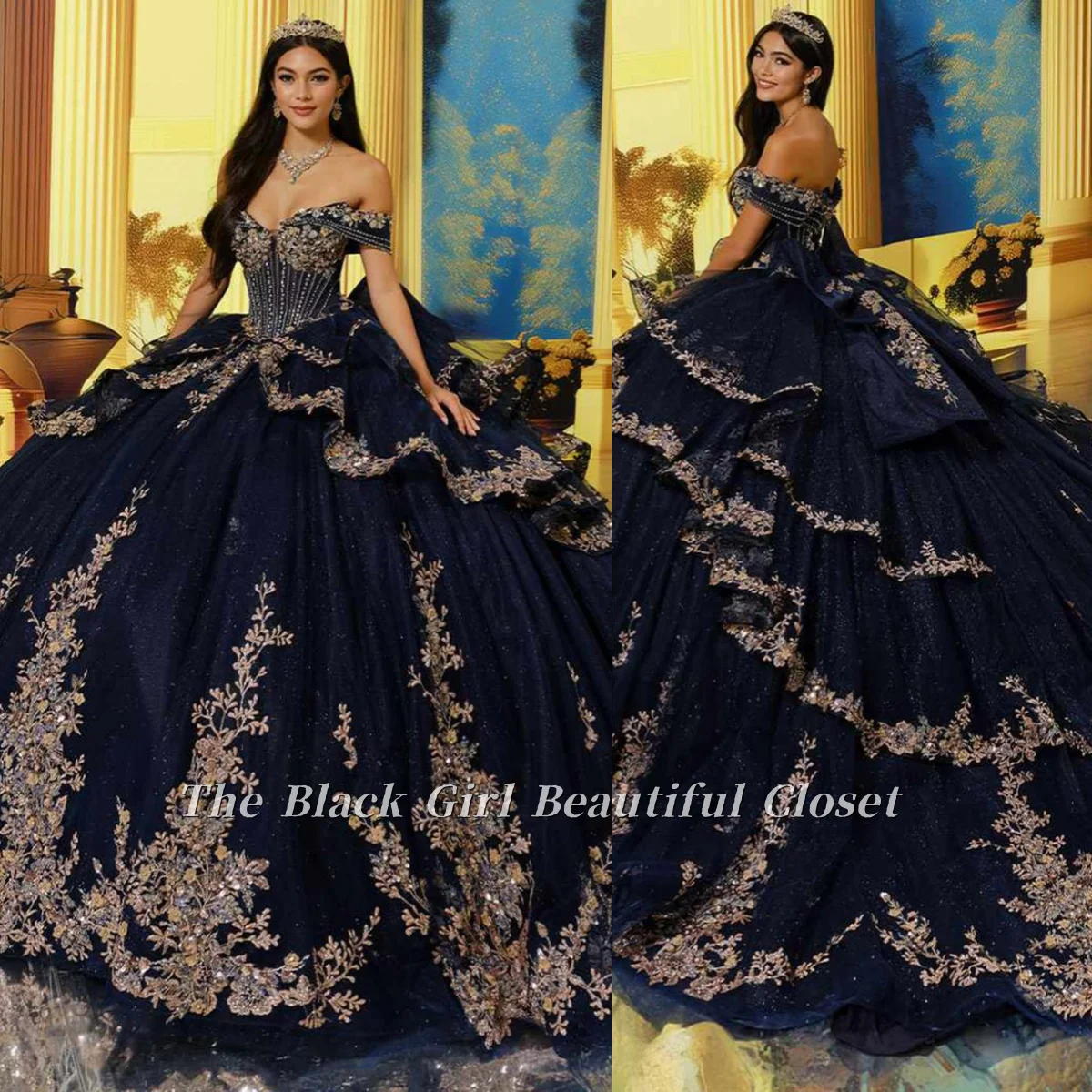 カスタマイズされたネイビーブルーオフショルダーキンセアニェラドレス魅力的なメタルレースアップリケパーティードレス光沢のあるノースリーブパーティードレス16