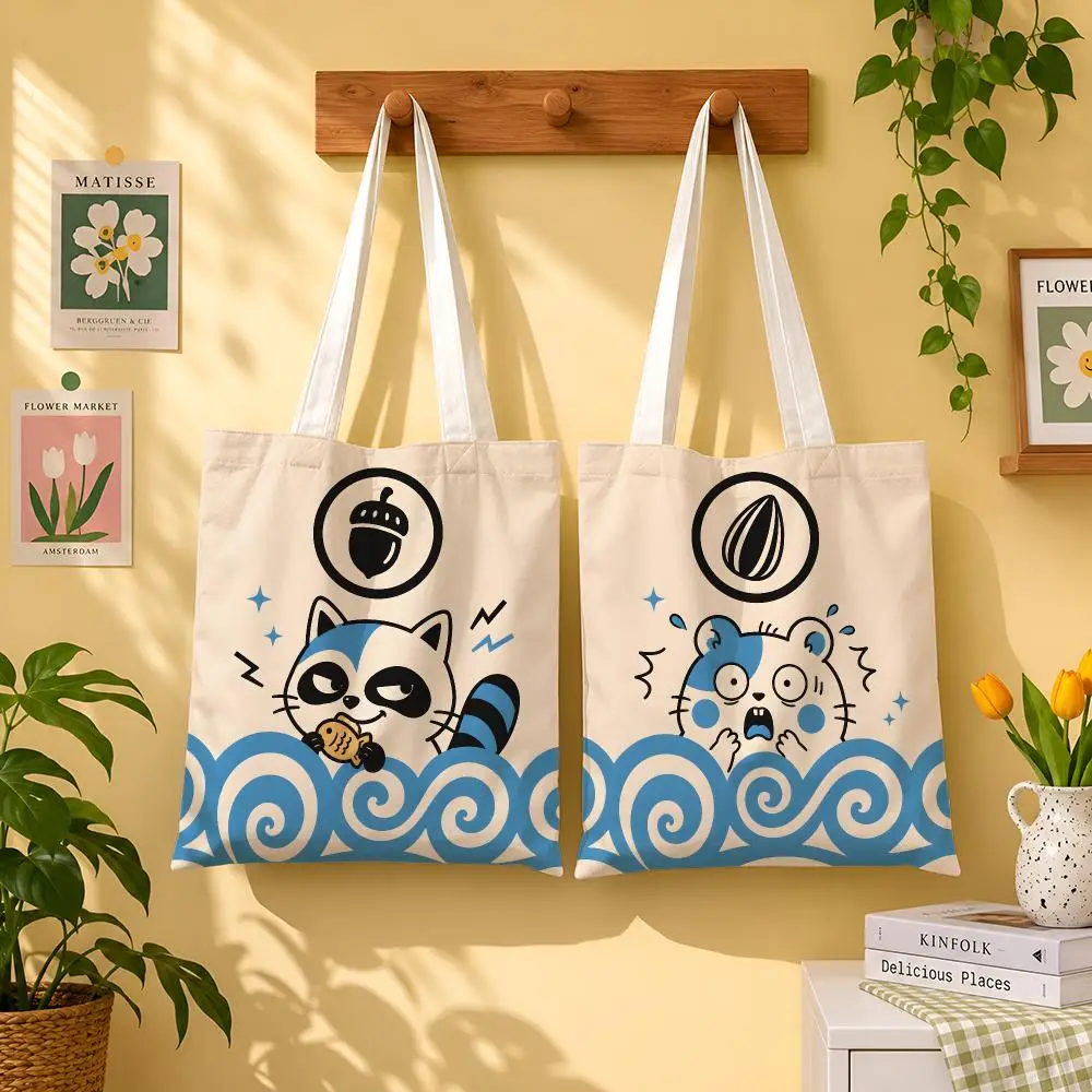 Meme Animal Wave Storage Bags 1pc Canvas Tote Bag Reusable Shopping Shoulder Bag For Women Daily Use