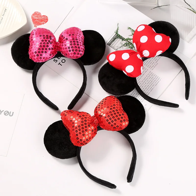 Anime Disney Minnie Bow Knot Hairband Kawaii Mickey Mouse Sequin Headband Cartoon Girl Hair Accessories Children Gifts