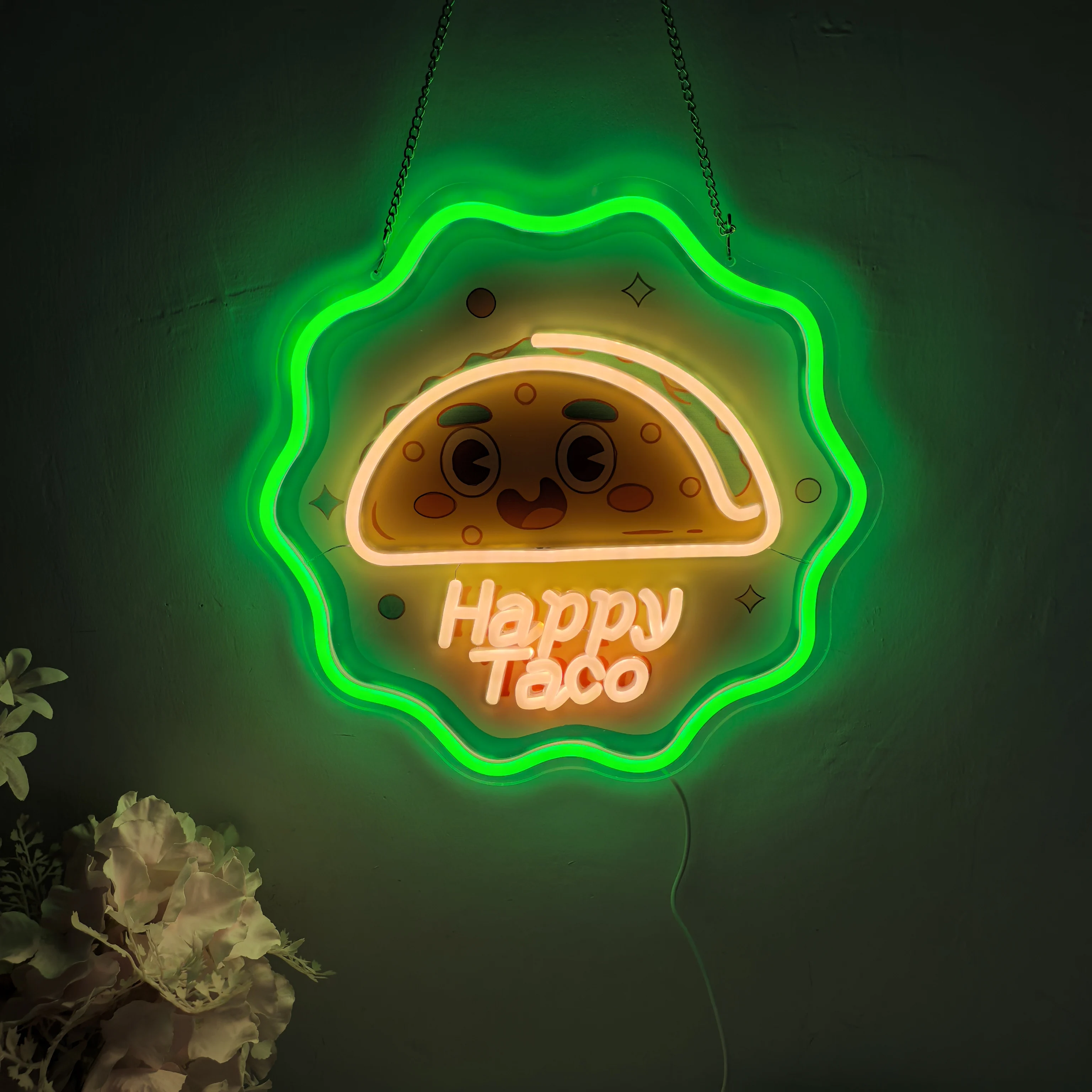 

Светодиодная неоновая вывеска Happy Taco с милым лицом, питанием от USB, с регулируемой яркостью для мексиканской кухни, вечеринки, декора стен комнаты, забавный подарок для любителей тако