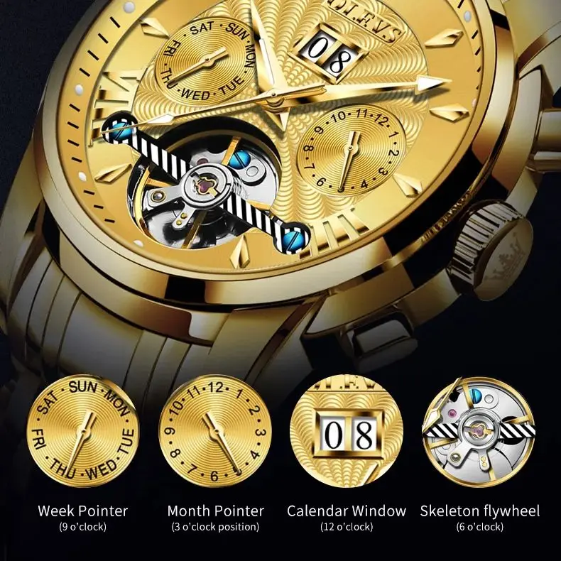 OLEVS 9965 orologio meccanico automatico per uomo scheletro volano orologi da uomo impermeabili calendario settimanale orologi da polso da uomo di lusso