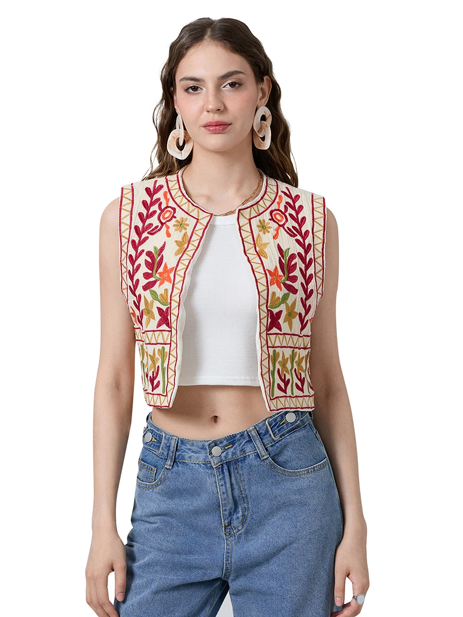 

Women Y2k Crop Vest Sleeveless Open Front Embroidery Flower Outwear Gilet Crochet Cardigan Vintage Vests Tops